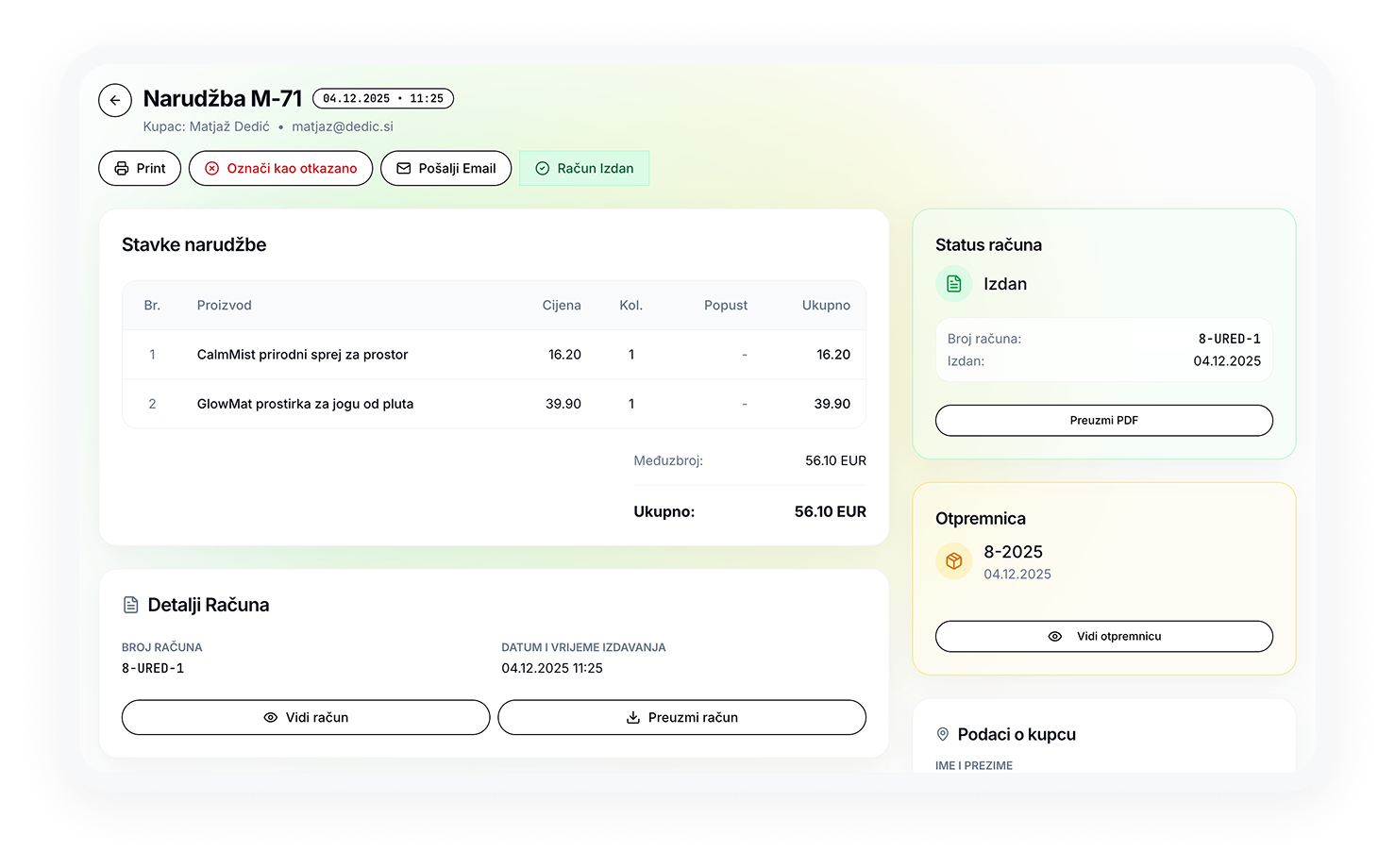 Slika koja prikazuje narudžbu iz Shopifya koja je fiskalizirana kroz Fisko aplikaciju za fiskalizaciju za Shopify